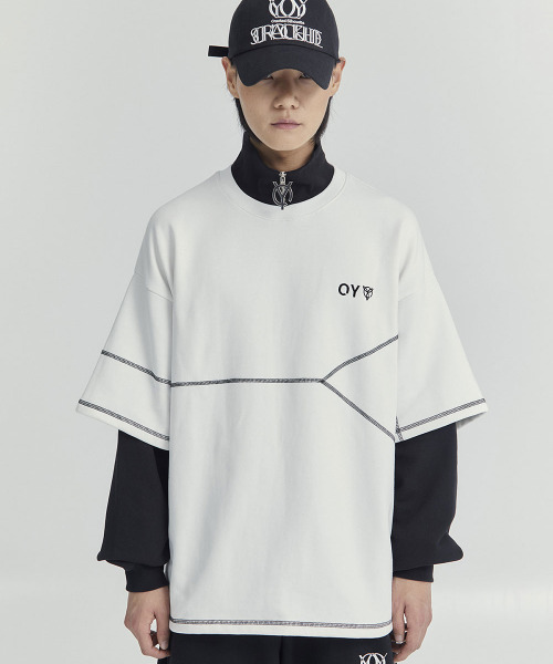 OY(オーワイ)の「『OY/オーワイ』LAYERED COVER STITCH ZIPPER POLA LONG SLEEVE/レイヤードカバーステッチ ポラLS(Tシャツ/カットソー・メンズ・ブラック/ホワイト/グレー・FREE)」の2枚目の写真