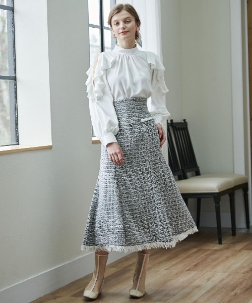 AND COUTURE（アンドクチュール）の「ファンシーツイードフレアスカート（スカート・レディース・ブラック/オフホワイト・SMALL/MEDIUM）」の10枚目の写真