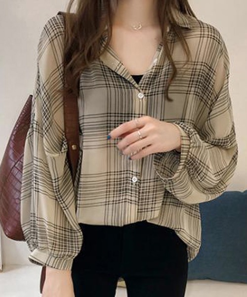 DiamondHearts(ダイヤモンドハーツ)の「長袖チェックシアーシャツブラウス(シャツ/ブラウス・レディース・ブラック/クリーム・FREE)」の2枚目の写真