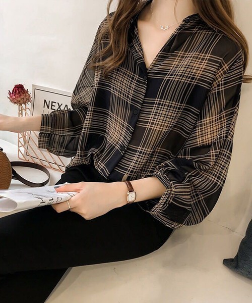 DiamondHearts(ダイヤモンドハーツ)の「長袖チェックシアーシャツブラウス(シャツ/ブラウス・レディース・ブラック/クリーム・FREE)」の1枚目の写真