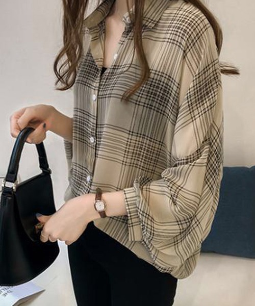 DiamondHearts(ダイヤモンドハーツ)の「長袖チェックシアーシャツブラウス(シャツ/ブラウス・レディース・ブラック/クリーム・FREE)」の6枚目の写真