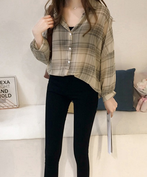 DiamondHearts(ダイヤモンドハーツ)の「長袖チェックシアーシャツブラウス(シャツ/ブラウス・レディース・ブラック/クリーム・FREE)」の8枚目の写真