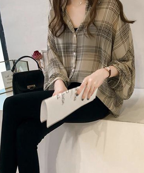 DiamondHearts(ダイヤモンドハーツ)の「長袖チェックシアーシャツブラウス(シャツ/ブラウス・レディース・ブラック/クリーム・FREE)」の4枚目の写真