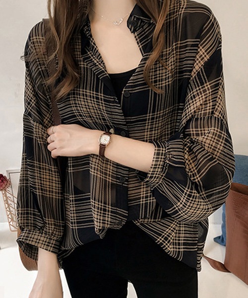 DiamondHearts(ダイヤモンドハーツ)の「長袖チェックシアーシャツブラウス(シャツ/ブラウス・レディース・ブラック/クリーム・FREE)」の10枚目の写真