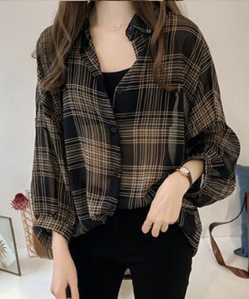 DiamondHearts(ダイヤモンドハーツ)の「長袖チェックシアーシャツブラウス(シャツ/ブラウス・レディース・ブラック/クリーム・FREE)」の3枚目の写真