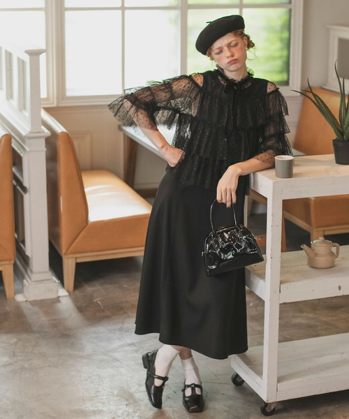 BONLECILL noir（ボンルシールノワール）の「【BONLECILL noir】ボウタイリボン ドットチュール シアーフリルボレロ