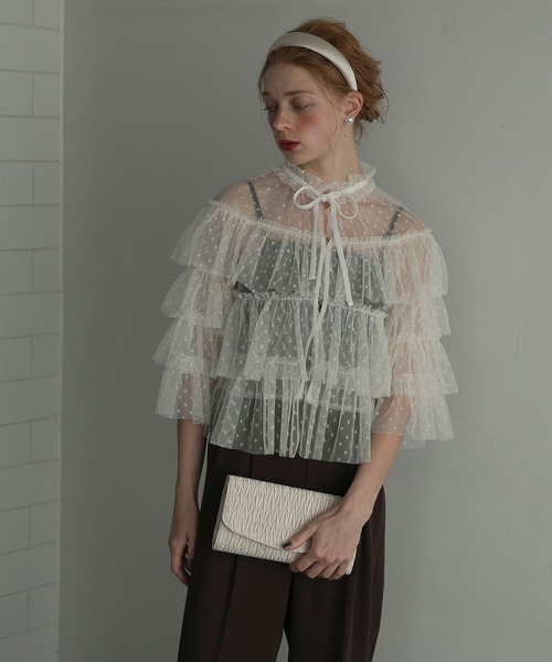 BONLECILL noir(ボンルシールノワール)の「【BONLECILL noir】ボウタイリボン ドットチュール シアーフリルボレロ(カーディガン/ボレロ・レディース・ネイビー/アイボリー/ブラック・FREE)」の8枚目の写真