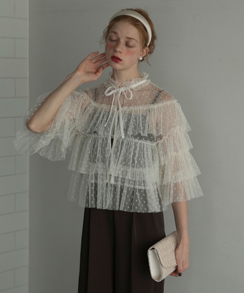 BONLECILL noir(ボンルシールノワール)の「【BONLECILL noir】ボウタイリボン ドットチュール シアーフリルボレロ(カーディガン/ボレロ・レディース・ネイビー/アイボリー/ブラック・FREE)」の11枚目の写真