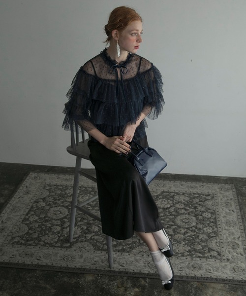 BONLECILL noir(ボンルシールノワール)の「【BONLECILL noir】ボウタイリボン ドットチュール シアーフリルボレロ(カーディガン/ボレロ・レディース・ネイビー/アイボリー/ブラック・FREE)」の16枚目の写真