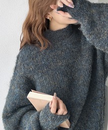 【mily bilet】大人の萌え袖にキュン!ミックス糸指穴モックネック シャギープルオーバー