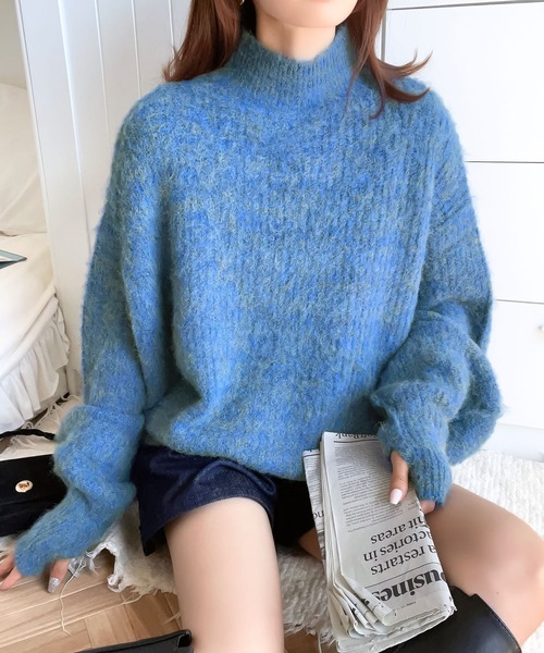 mily bilet（ミウィビレット）の「【mily bilet】大人の萌え袖にキュン！ミックス糸指穴モックネック シャギープルオーバー（ニット/セーター・レディース・ブラック/アイボリー/ブルー/グリーン・MEDIUM/LARGE/SMALL/X-LARGE）」の20枚目の写真