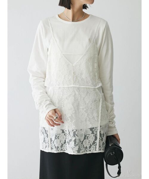 シャーリングスリーブTシャツ+レースキャミソールSET（Tシャツ/カットソー）｜AnriettMusee（アンリエットミュゼ）