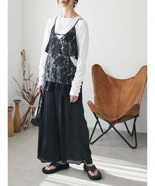 シャーリングスリーブTシャツ+レースキャミソールSET（Tシャツ/カットソー）｜AnriettMusee（アンリエットミュゼ）