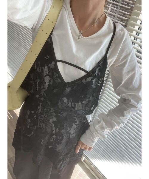 シャーリングスリーブTシャツ+レースキャミソールSET（Tシャツ/カットソー）｜AnriettMusee（アンリエットミュゼ）