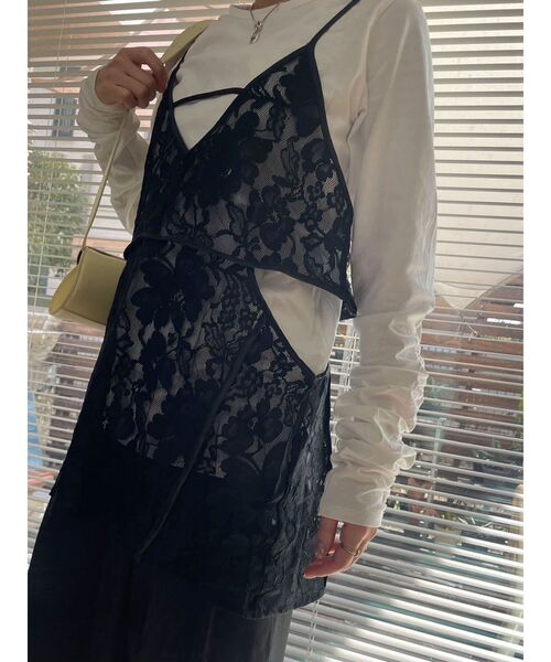 シャーリングスリーブTシャツ+レースキャミソールSET（Tシャツ/カットソー）｜AnriettMusee（アンリエットミュゼ）