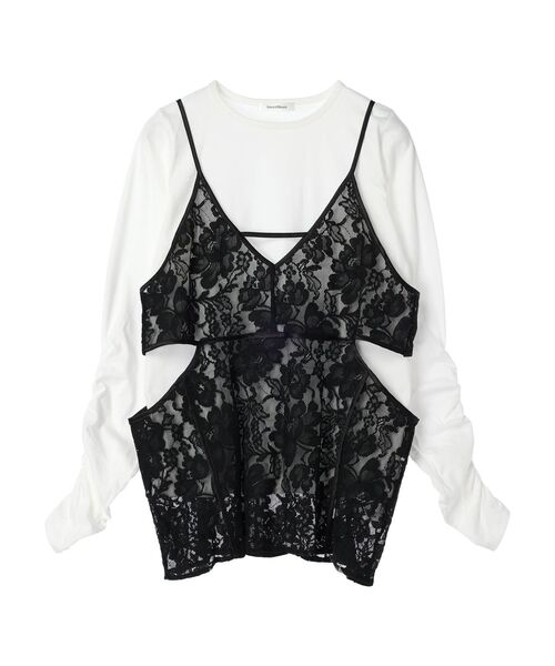 シャーリングスリーブTシャツ+レースキャミソールSET（Tシャツ/カットソー）｜AnriettMusee（アンリエットミュゼ）