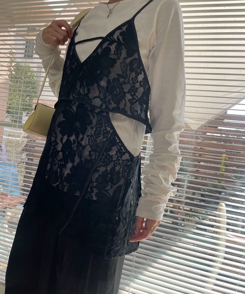 シャーリングスリーブTシャツ+レースキャミソールSET（Tシャツ/カットソー）｜AnriettMusee（アンリエットミュゼ）