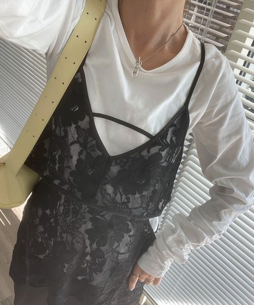 シャーリングスリーブTシャツ+レースキャミソールSET（Tシャツ/カットソー）｜AnriettMusee（アンリエットミュゼ）