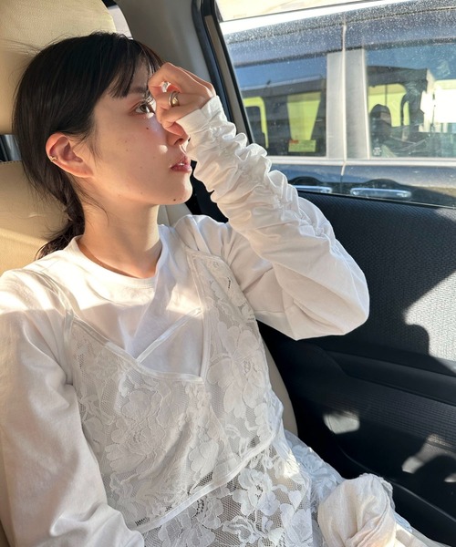 シャーリングスリーブTシャツ+レースキャミソールSET（Tシャツ/カットソー）｜AnriettMusee（アンリエットミュゼ）