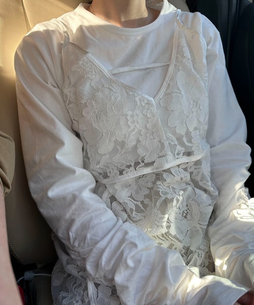 シャーリングスリーブTシャツ+レースキャミソールSET（Tシャツ/カットソー）｜AnriettMusee（アンリエットミュゼ）