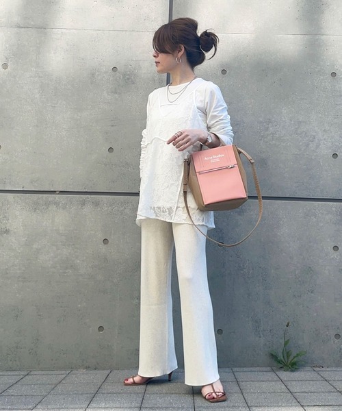 シャーリングスリーブTシャツ+レースキャミソールSET（Tシャツ/カットソー）｜AnriettMusee（アンリエットミュゼ）