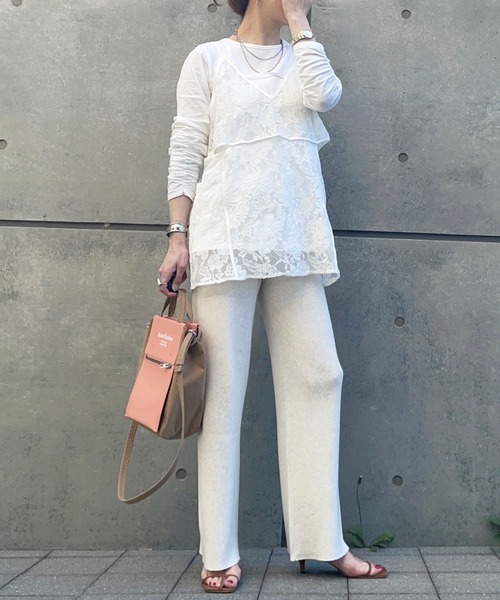 シャーリングスリーブTシャツ+レースキャミソールSET（Tシャツ/カットソー）｜AnriettMusee（アンリエットミュゼ）