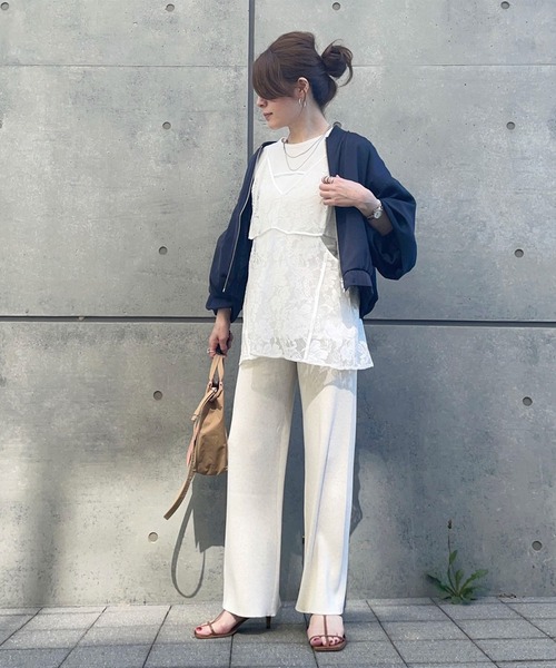 シャーリングスリーブTシャツ+レースキャミソールSET（Tシャツ/カットソー）｜AnriettMusee（アンリエットミュゼ）