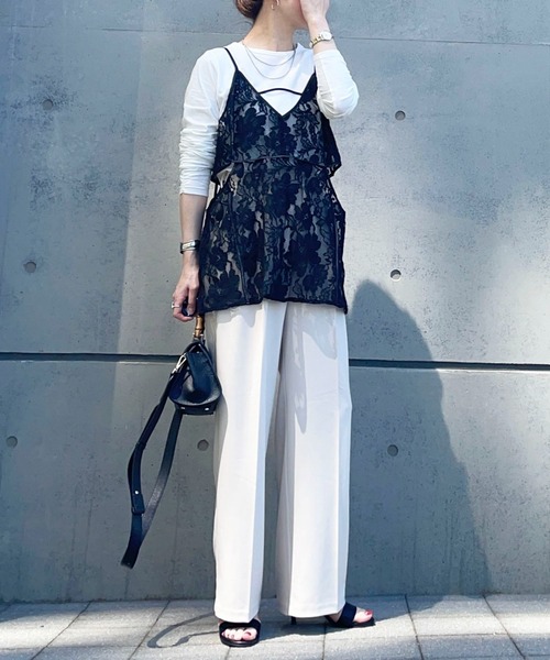 シャーリングスリーブTシャツ+レースキャミソールSET（Tシャツ/カットソー）｜AnriettMusee（アンリエットミュゼ）