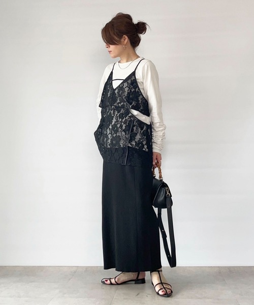 シャーリングスリーブTシャツ+レースキャミソールSET（Tシャツ/カットソー）｜AnriettMusee（アンリエットミュゼ）