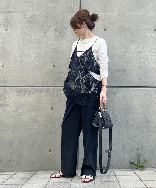 シャーリングスリーブTシャツ+レースキャミソールSET（Tシャツ/カットソー）｜AnriettMusee（アンリエットミュゼ）