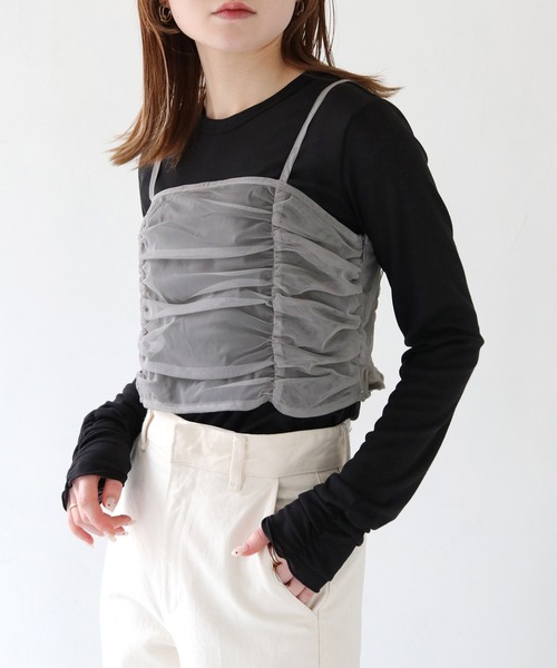 HER CLOSET（ハークローゼット）の「【vingtrois】チュールビスチェセットTシャツ（Tシャツ/カットソー・レディース・ブラック/オフホワイト/ライトベージュ・M）」の3枚目の写真