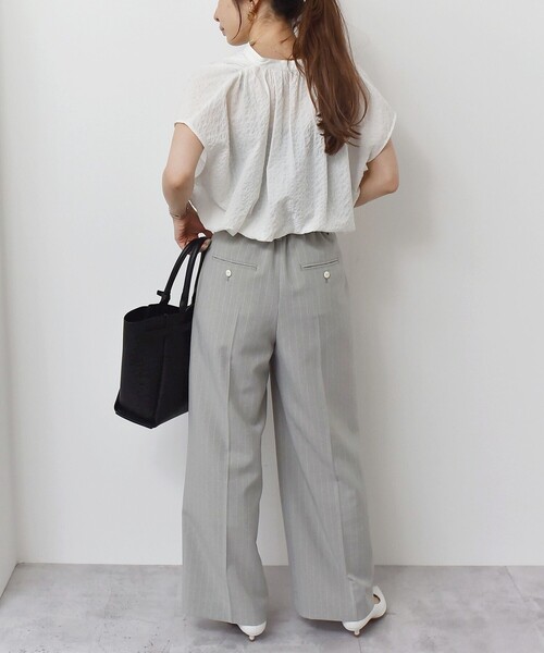quaranciel(カランシエル)の「quaranciel:〈洗濯機可能〉サッカー スキッパー フレンチスリーブ シャツ ブラウス(シャツ/ブラウス・レディース・オリーブ/ネイビー/ホワイト・ONE SIZE)」の5枚目の写真
