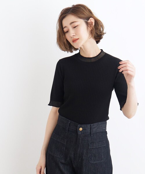 grove(グローブ)の「◆シアーフリル5分袖リブニットプルオーバー(ニット/セーター・レディース・ブラック/オフホワイト/ブラック系2・01/02/03/04/05)」の1枚目の写真