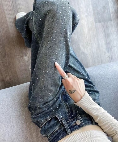 セール】【CANVAS+】ラインストーンデニムワイドパンツ（デニムパンツ