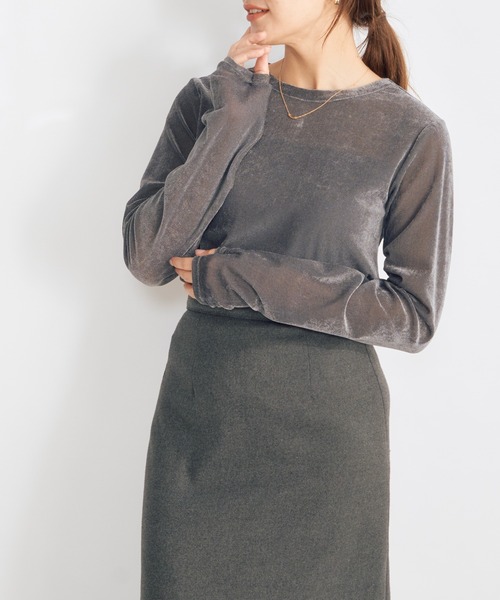 Emma Taylor（エマテイラー）の「メッシュベロアロングスリーブ（Tシャツ/カットソー・レディース・ベージュ/チャコールグレー・FREE）」の13枚目の写真