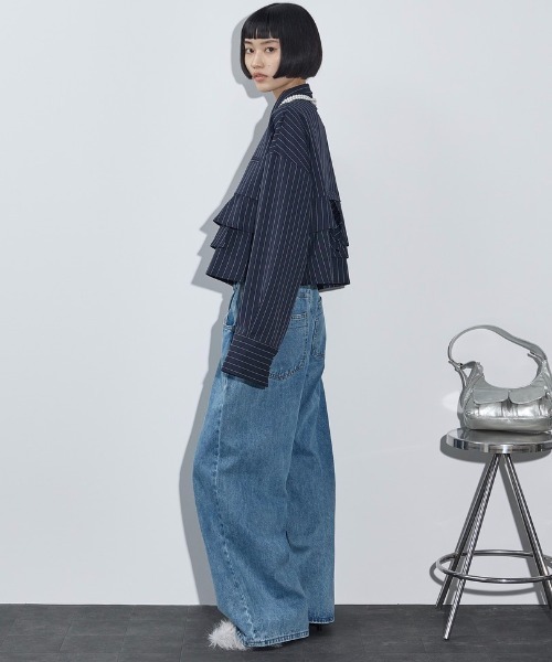 セール】ピンストライプラッフルヘムクロップドシャツ（シャツ