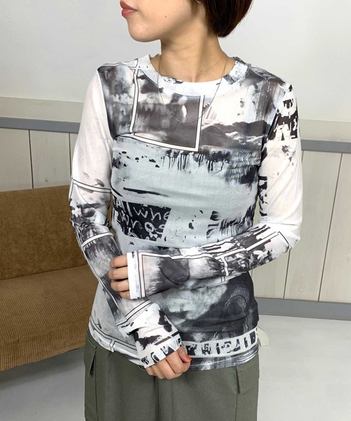 CRB(シーアールビー)の「ネットクルーロンT(Tシャツ/カットソー・レディース・ホワイト×ブラック/ホワイト×グリーン/ライム/オレンジ/ベージュ/ブラック・F)」の3枚目の写真