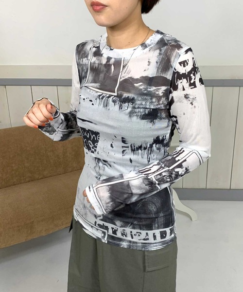 CRB(シーアールビー)の「ネットクルーロンT(Tシャツ/カットソー・レディース・ホワイト×ブラック/ホワイト×グリーン/ライム/オレンジ/ベージュ/ブラック・F)」の18枚目の写真