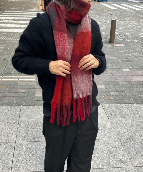 ユニセックス】モヘアタッチ ボリュームフリンジマフラー【無地