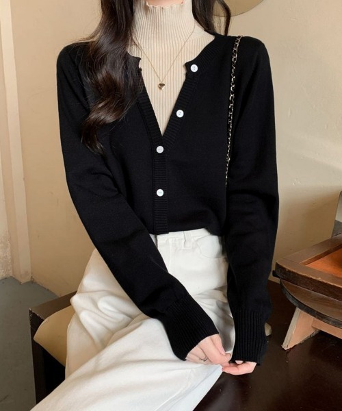 Miniministore(ミニミニストア)の「レイヤード風 ニットトップス ハイネック(ニット/セーター・レディース・ライトベージュ/ブラック・FREE)」の3枚目の写真