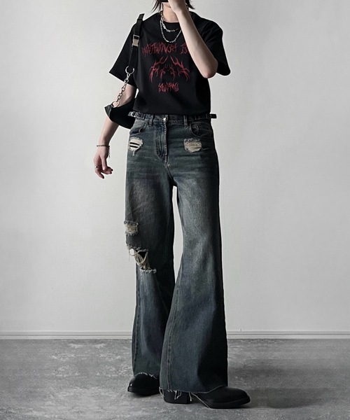 セール】vintage side belt flare denim slacks / ヴィンテージサイド