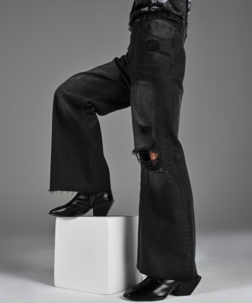 vintage side belt flare denim slacks / ヴィンテージサイドベルト