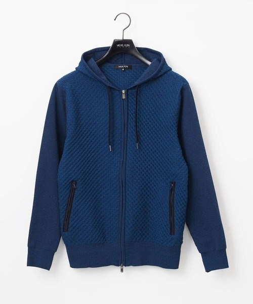 MICHEL KLEIN HOMME (ミッシェルクランオム)の「【セットアップ】ニットZIPアップパーカー(パーカー・メンズ・ブラック/ブルー・MEDIUM/LARGE/X-LARGE)」の2枚目の写真