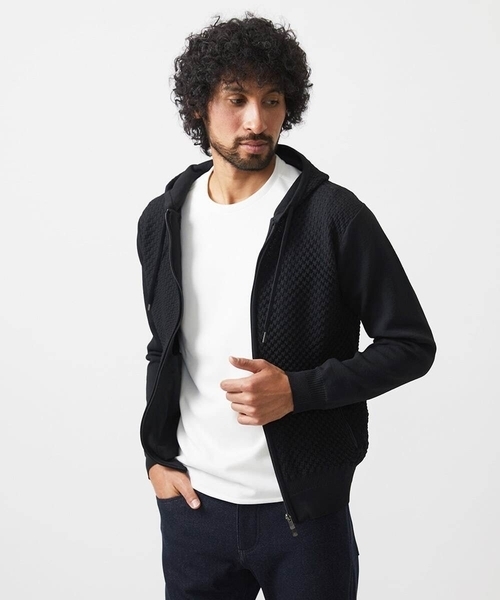 MICHEL KLEIN HOMME (ミッシェルクランオム)の「【セットアップ】ニットZIPアップパーカー(パーカー・メンズ・ブラック/ブルー・MEDIUM/LARGE/X-LARGE)」の1枚目の写真