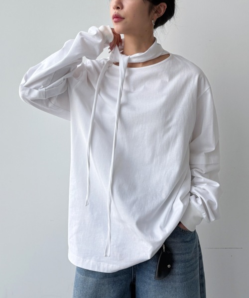 VACANCY(ヴァカンシー)の「スカーフ2wayピグメントトップス(Tシャツ/カットソー・レディース・ピンク/ホワイト/チャコールグレー・FREE)」の1枚目の写真