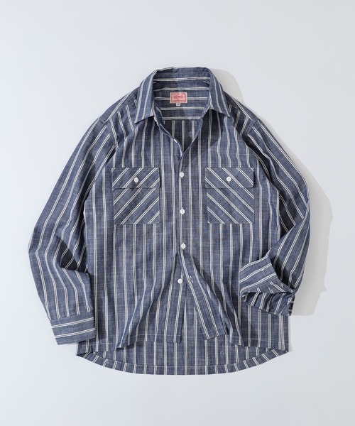 BIG MIKE(ビッグマイク)の「BIG MIKE シャンブレー ストライプ コットン長袖シャツ(シャツ/ブラウス・メンズ・ネイビー/ホワイト・M/L/XL)」の2枚目の写真