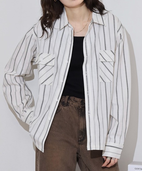 BIG MIKE(ビッグマイク)の「BIG MIKE シャンブレー ストライプ コットン長袖シャツ(シャツ/ブラウス・メンズ・ネイビー/ホワイト・M/L/XL)」の5枚目の写真