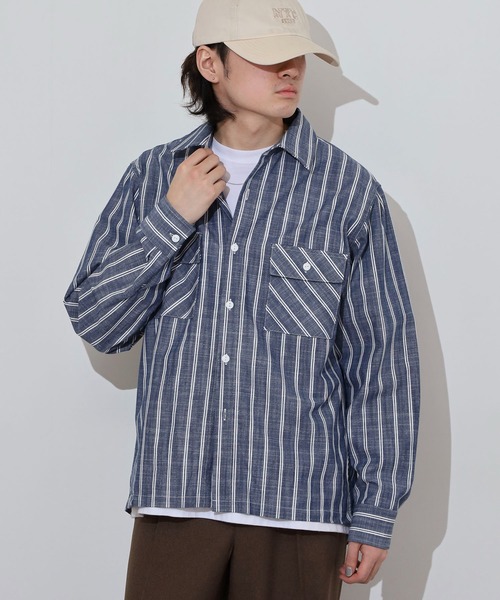 BIG MIKE(ビッグマイク)の「BIG MIKE シャンブレー ストライプ コットン長袖シャツ(シャツ/ブラウス・メンズ・ネイビー/ホワイト・M/L/XL)」の8枚目の写真