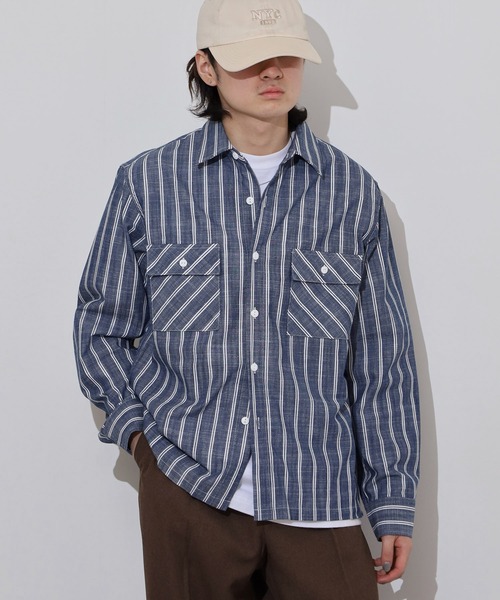 BIG MIKE(ビッグマイク)の「BIG MIKE シャンブレー ストライプ コットン長袖シャツ(シャツ/ブラウス・メンズ・ネイビー/ホワイト・M/L/XL)」の9枚目の写真