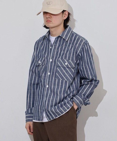 BIG MIKE(ビッグマイク)の「BIG MIKE シャンブレー ストライプ コットン長袖シャツ(シャツ/ブラウス・メンズ・ネイビー/ホワイト・M/L/XL)」の10枚目の写真